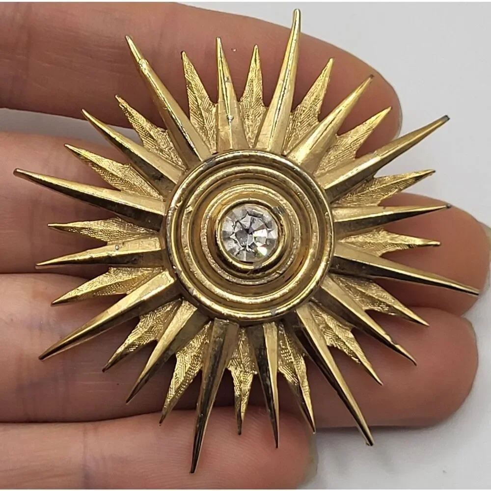 Vintage Victorian Starburst Brooch Pin Pendant Goldtone 2.25in Art Deco